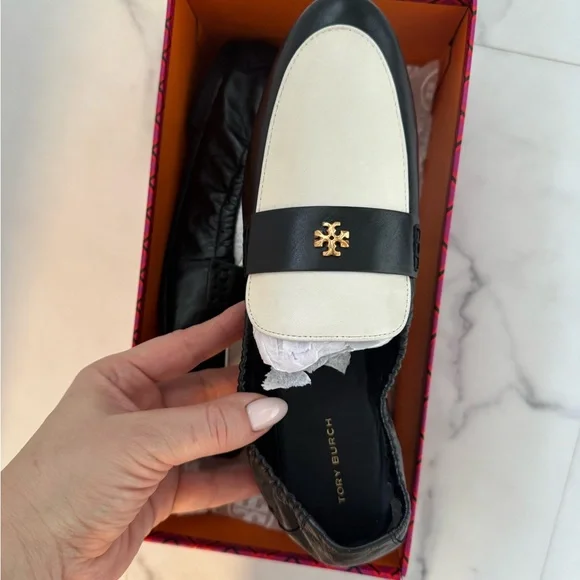 Tory Burch Black and Cream Leather ballet Loafers shoes size 10 - Picture 5 of 9